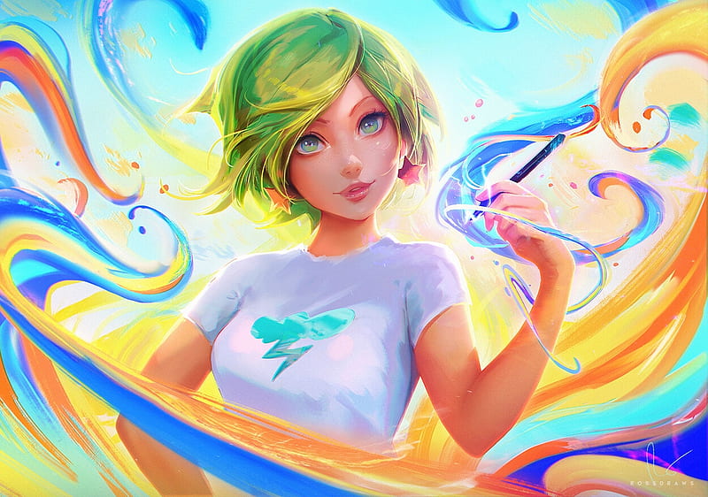 :), yellow, blue, art, fantasy, green, girl, rossdraws, HD wallpaper