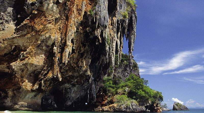 amazing cliff over hat phra nang thailand, beach, rocks, cliffs, people, bay, HD wallpaper