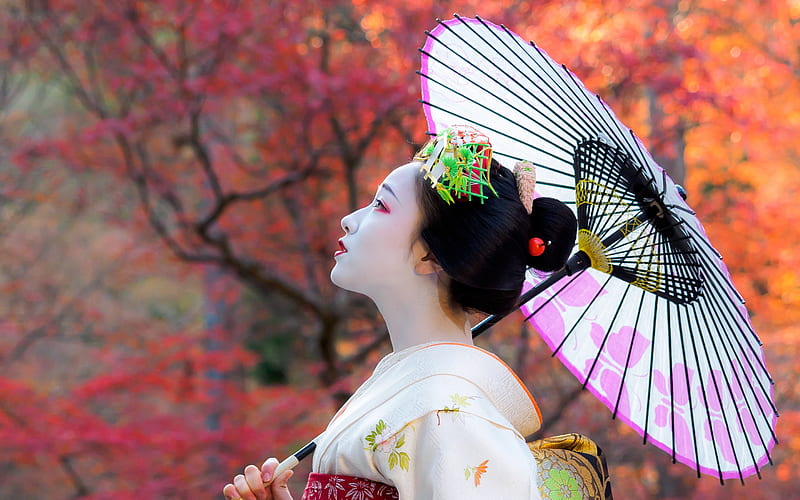 Geisha, umbrella, kimono, parasol, white, pink, autumn, orange, model, girl, asian, HD wallpaper