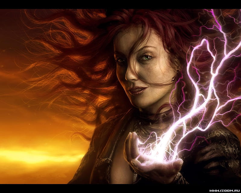 Female Magic, red, witch, powerful, orange, yellow, magic, energize, fantasy, sage, hand, wild hair, mage, female, electricity, wizard, energy, girl, lightning, strong, HD wallpaper