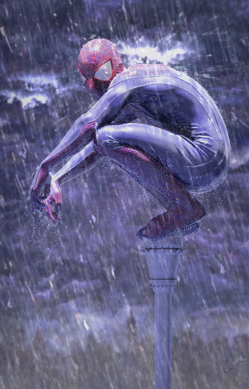 Spider-Man, rain, superhero, Marvel Comics, men, HD phone wallpaper