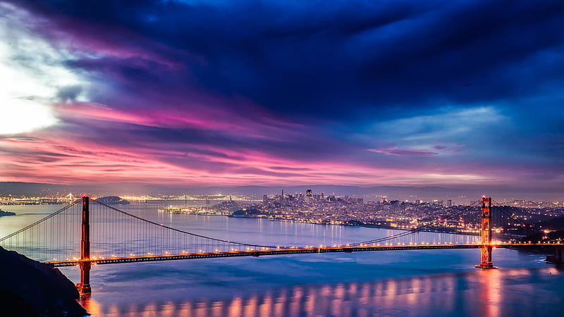 Golden Gate Bridge Sunset Night Time , san-francisco, world, city, HD wallpaper