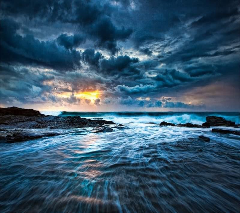 ocean, bonito, clouds, sea, nature, rocky, sky, sunset, HD wallpaper