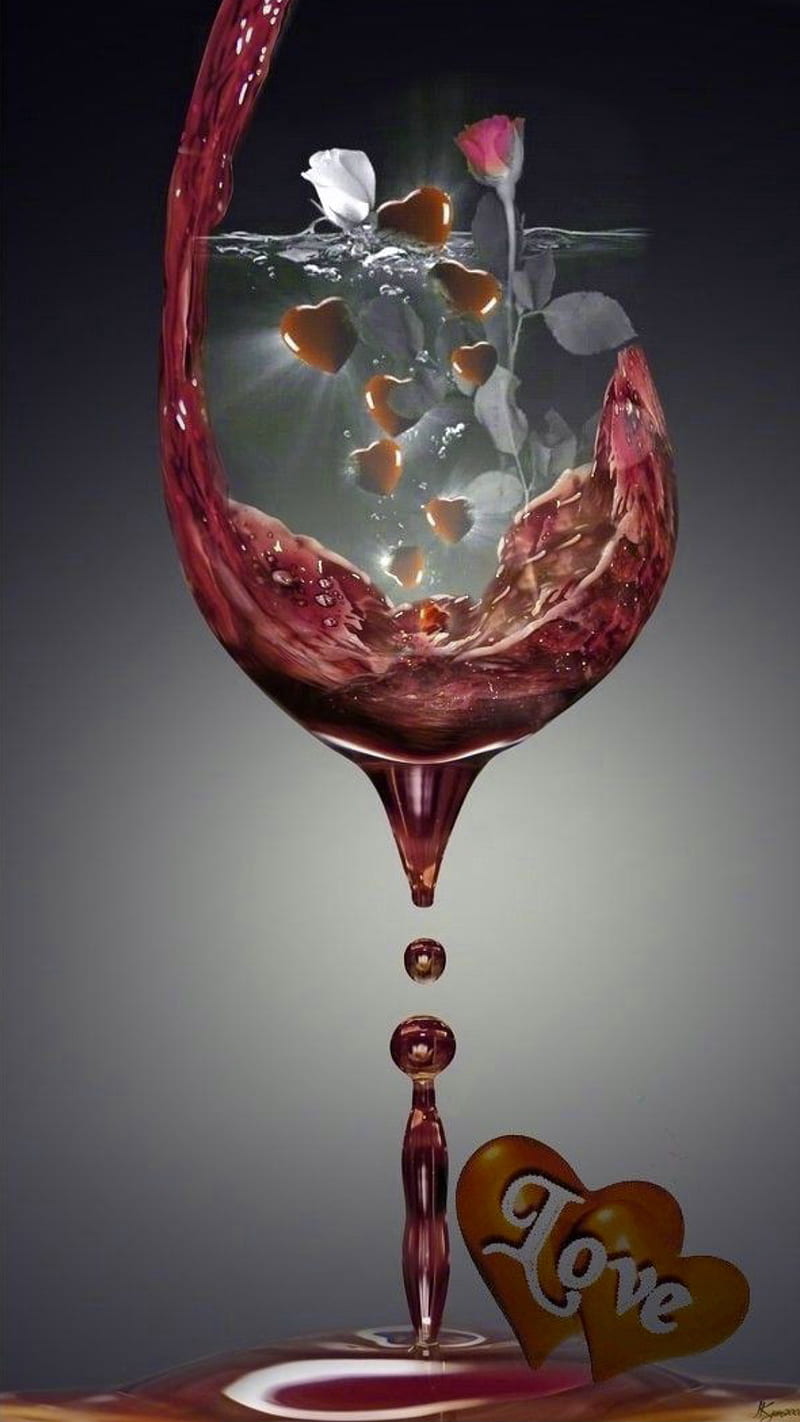 Cup of love, glas, corazones, red, wine, HD phone wallpaper