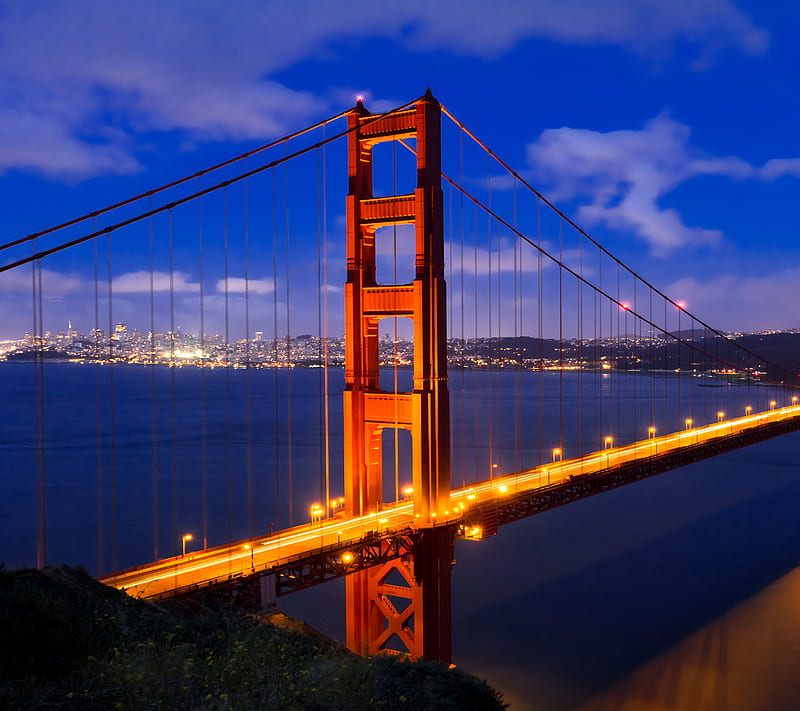 Golden Gate Bridge, california, crossing, evening, golden gate, lights, scenic, water, HD wallpaper