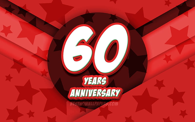 60th anniversary, comic 3D letters, red stars background, 60th anniversary sign, 60 Years Anniversary, artwork, Anniversary concept, HD wallpaper