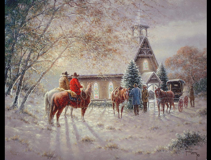 Cowboy Christmas, service, good days, woods, bonito, old fashion, tradition, night, country, church, trees, horses, winter, snow, men, buggie, chapel, cowboys, HD wallpaper