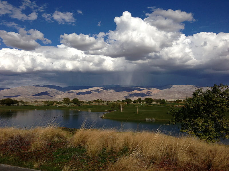 Eagle Falls Golf Course, water, clouds, grass, mountains, HD wallpaper