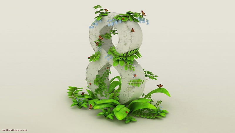 The Eight, leaves, green, figure, plants, butterflies, white, HD wallpaper