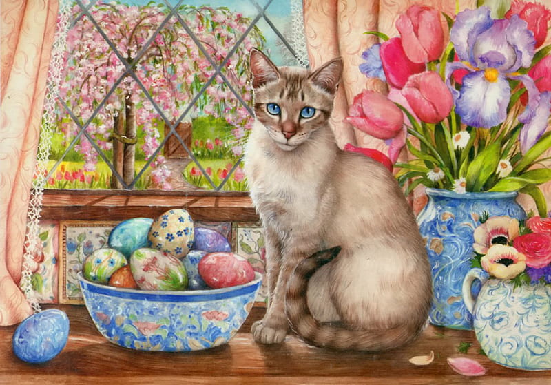 Siamese and the eggs, colorful, house, home, vase, easter, bonito, painting, flowers, tulips, art, window, view, holiday, spring, cat, cute, tree, siamese, eggs, blossoms, HD wallpaper
