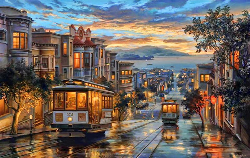 Cable Cars, tram, houses, painting, clouds, artwork, lights, HD wallpaper