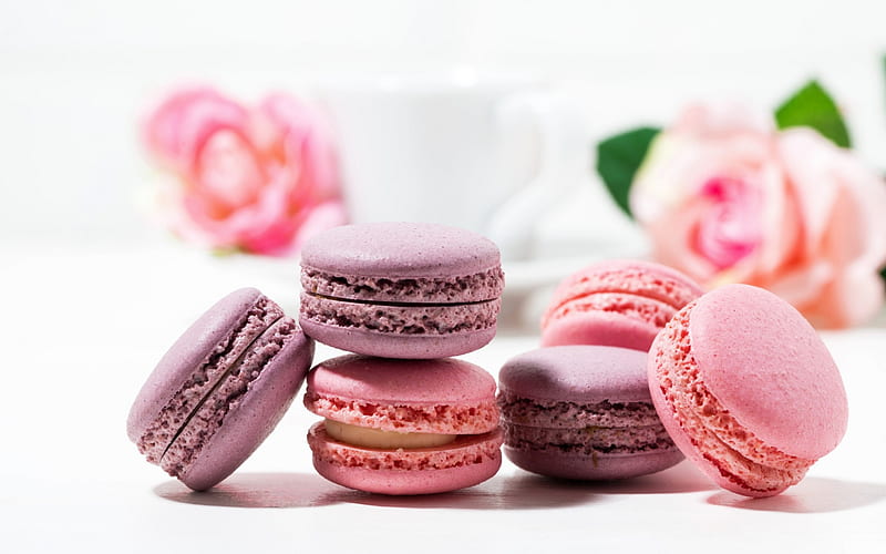 pink macaroons, biscuits, sweets, pastries, colorful biscuits, HD wallpaper