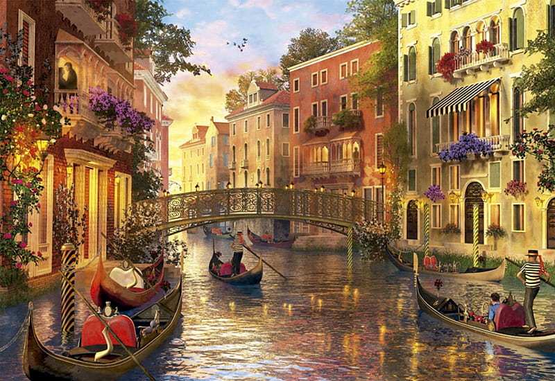 Sunset in Venice, art, dominic davison, sunset, venice, water, boat, bridge, painting, pictura, HD wallpaper