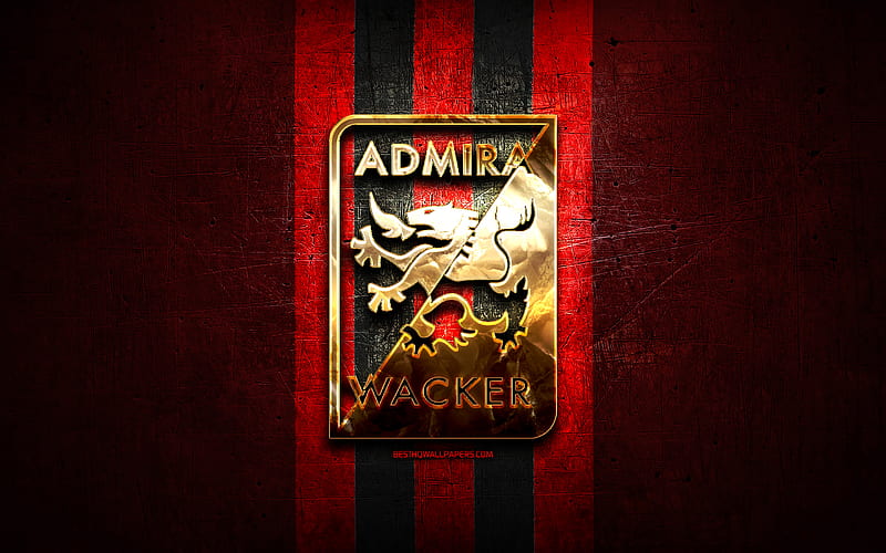 Admira FC, golden logo, Austrian Bundesliga, red metal background, football, FC Admira Wacker Modling, austrian football club, Admira logo, soccer, Austria, HD wallpaper