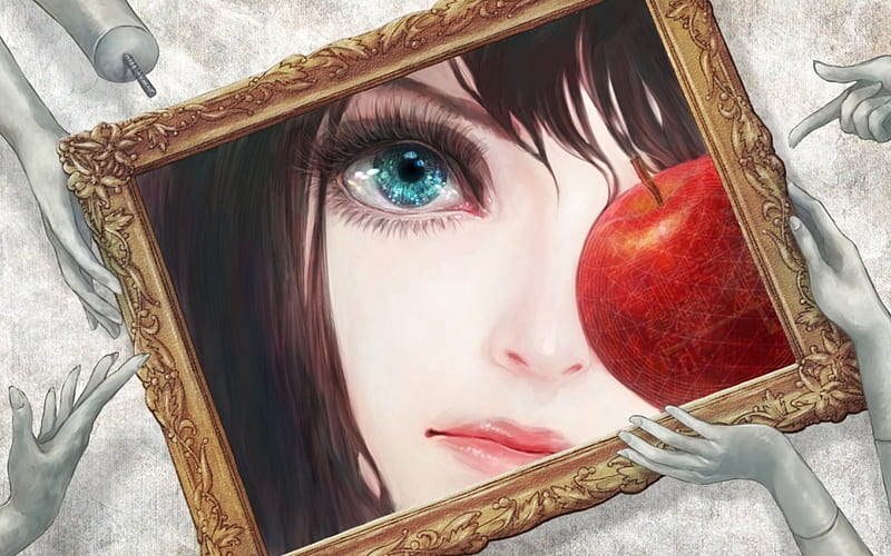 Painting, apple, red, frame, eye, manga, black, fruit, girl, green, bw, anime, hand, white, blue, HD wallpaper