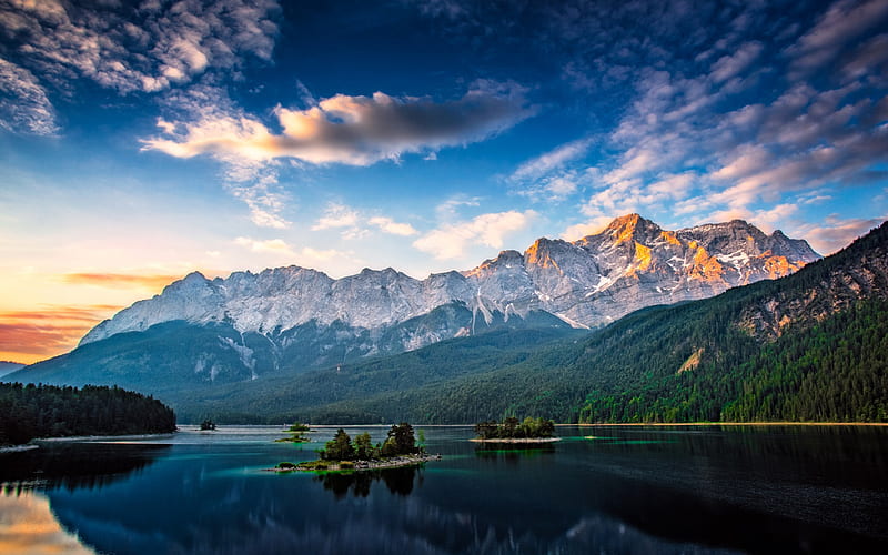 sunrise, morning, mountain lake, mountain landscape, forest, Bavaria, Alps, Germany, HD wallpaper