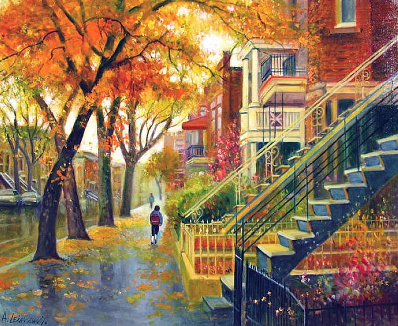 Autumn Street, art, autumn, city, paintings, cool, nature, rain, streets, HD wallpaper