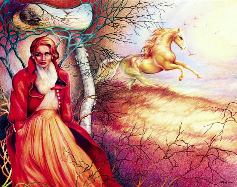Golden Salamander, painting, horse, woman, artwork, HD wallpaper