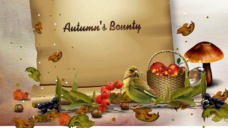 Autumns Bounty, fall, autumn, acorns, apples, firefox persona, cute, leaves, butterfly, bird, berries, mushrooms, HD wallpaper