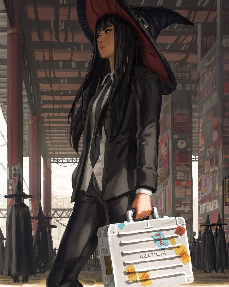 trip to hogwarts, anime girl, witch hat, suitcase, black hair, Anime, HD phone wallpaper