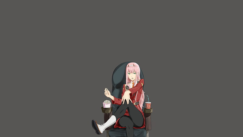 Darling In The FranXX Zero Two Hiro Zero Two Sitting On Chair With Popcorn And Cooldrinks With Black Background Anime, HD wallpaper