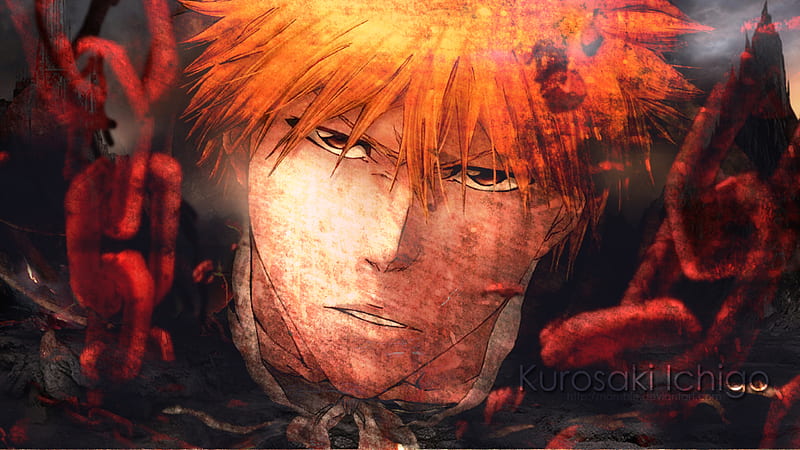 Ichigo Kurosaki, bleach, male, orange eyes, ichigo, chains, kurosaki ichigo, spiky hair, anime, lone, face, orange hair, HD wallpaper Ichigo Kurosaki, bleach, male, orange eyes, ichigo, chains, kurosaki ichigo, spiky hair, anime, lone, face, orange hair, HD wallpaper