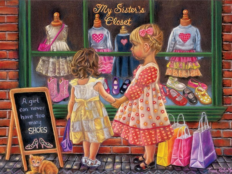 Sister's Closet F1, architecture, art, cityscape, painting, children, sisters, scenery, artwork, HD wallpaper