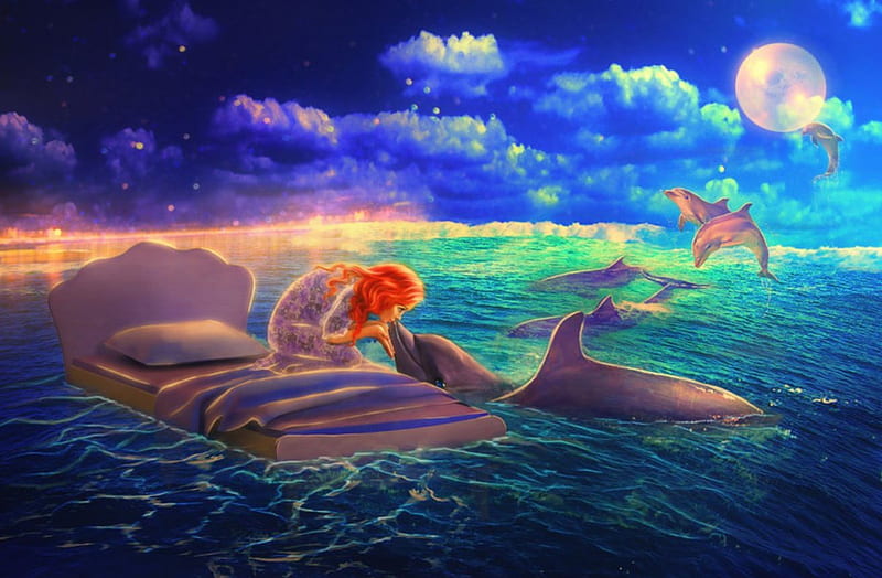 Dolphin Dreams, pillow, redhead, bonito, sky, clouds, bed, sea, dolphin, fantasy, girl, moonlight, kising, HD wallpaper
