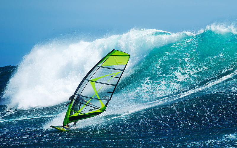 Windsurfing, ocean, big wave, extreme sports, summer sports, HD wallpaper