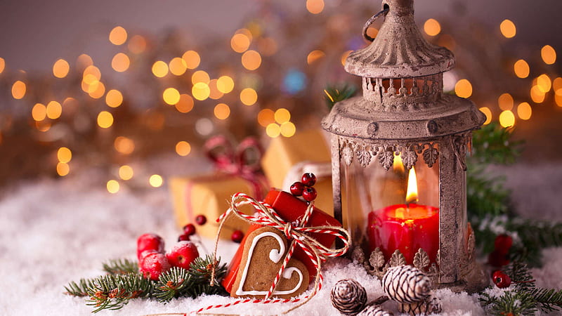 Candle With Decoration In Shallow Background Of Yellow Lights Christmas, HD wallpaper
