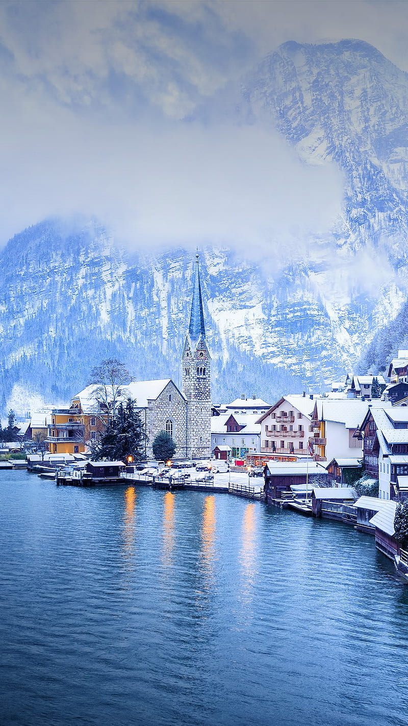 Hallstatt, Austria, landscape, snow, winter, mountains, river, snowy mountain, tower, HD phone wallpaper