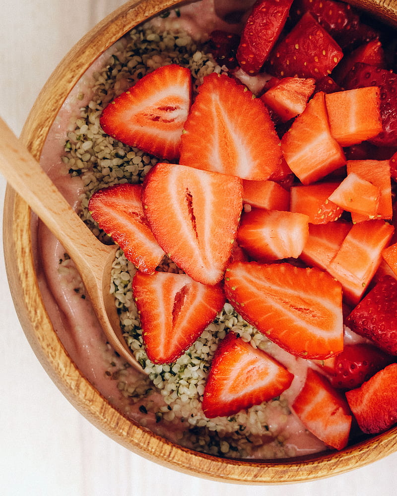 strawberries, berries, wedges, nuts, bowl, dessert, HD phone wallpaper