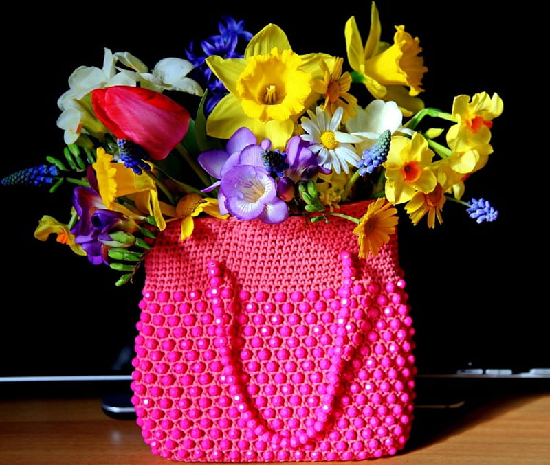 Who lost a purse? ヅ, red, daffodils, bag, purse, yellow, sia, purple, flowers, tulips, pink, blue, HD wallpaper