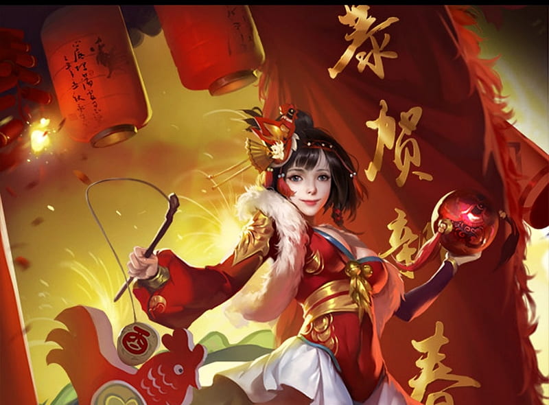 Fantasy girl, red, frumusete, fantasy, lantern, girl, orange, li qian, HD wallpaper