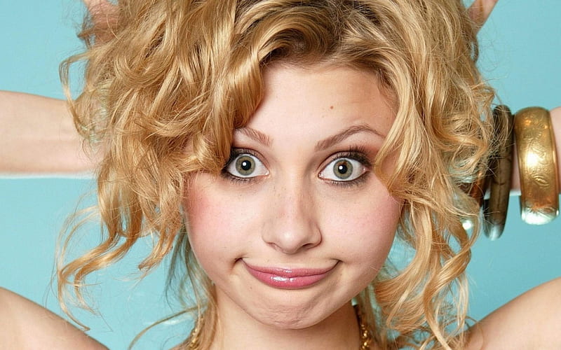 Aly Michalka, girl, actress, funny face, blonde, jewel, woman, blue, HD wallpaper
