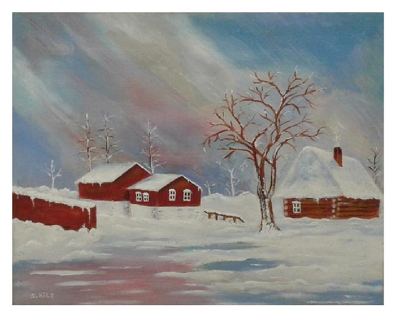 winter oil painting painted by Saad kilo, snow, WINTER, houses, art, oil painting, tree, HD wallpaper