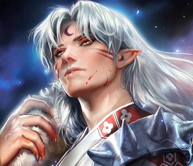 Sesshomaru, art, fantasy, luminos, hand, sakimichan, man, blood, HD wallpaper