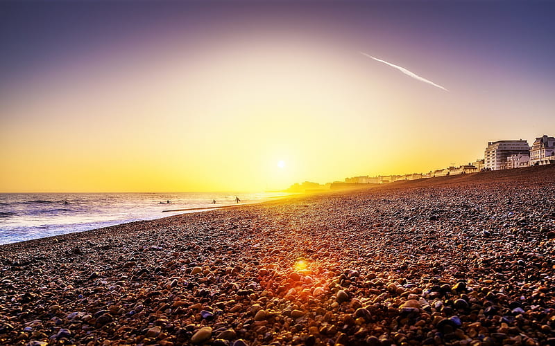 America, Brighton Beach, sea, sunset, beach, USA, HD wallpaper
