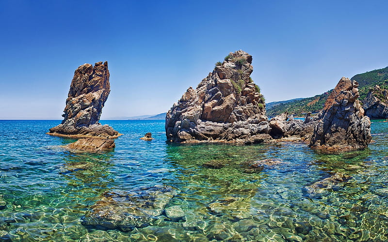 Summer, Sea, Sicily, coast, Italy, rocks, HD wallpaper
