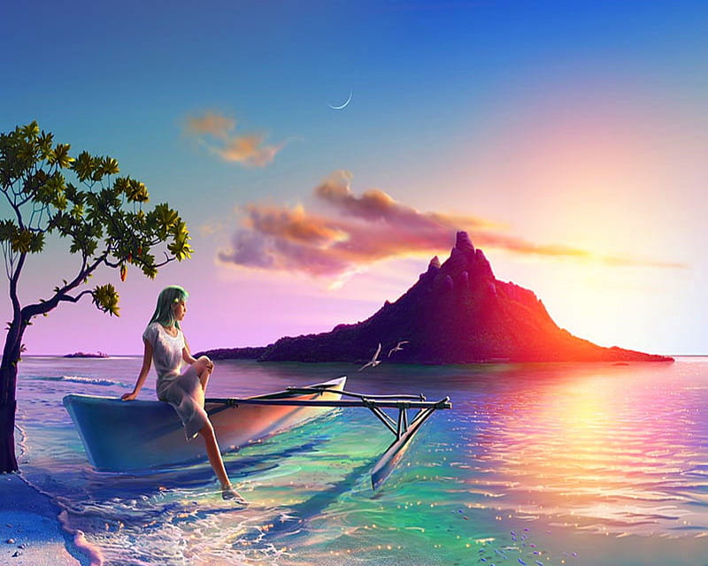 Beautiful landscape, pretty, colorful, lovely, holiday, colors, bonito, clouds, tree, boat, fantasy, girl, summer, peaceful, island, landscape, HD wallpaper