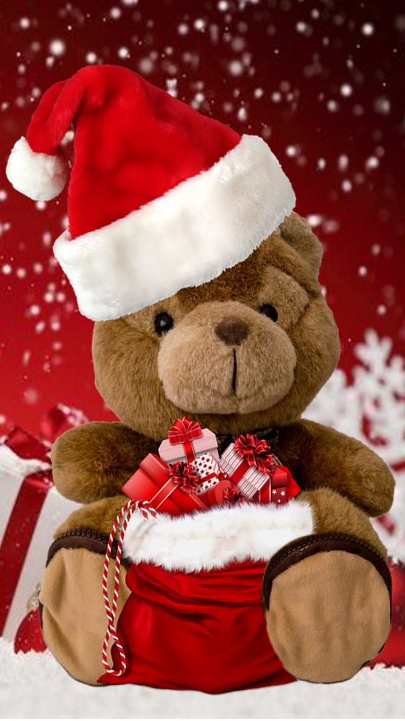 ChristmasBearRed, christmas bear, christmas, christmas gifts, snow, red,  red hat, HD phone wallpaper | Peakpx