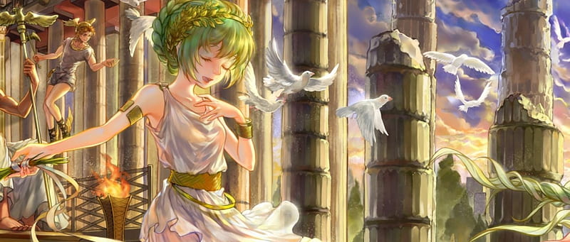 Ancient Song, pretty, dress, hatsune miku, bonito, sweet, pillars, nice, anime, beauty, greenhair, anime girl, sing, singing, scenery, vocaloids, vocaloid, female, lovely, ancient, gown, miku, rome, singer, pole, pigeon, hatsune, girl, bird, dove, miku hatsune, scene, HD wallpaper