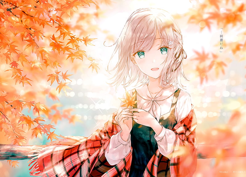 fall, beautiful anime girl, green eyes, blonde, braids, scenery, Anime, HD wallpaper