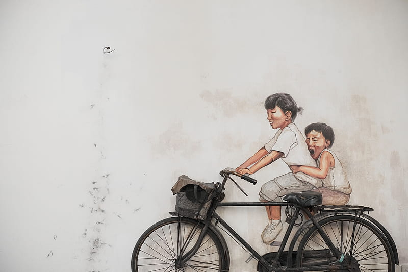 two children riding bicycle painting, HD wallpaper