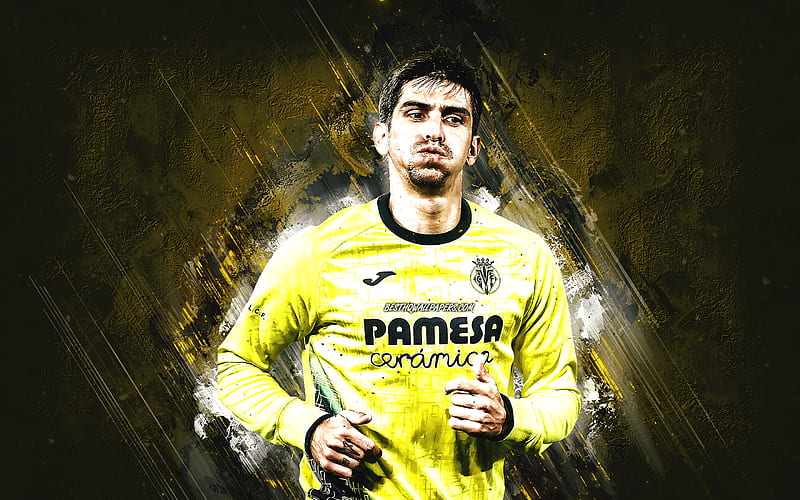 Gerard Moreno, Villarreal CF, Spanish footballer, portrait, yellow stone background, football, La Liga, Villarreal, HD wallpaper
