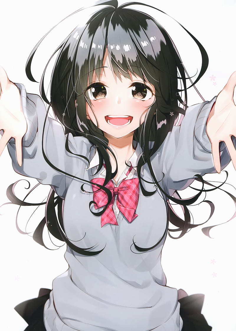 anime girl, hug, smiling, black hair, school uniform, Anime, HD phone wallpaper