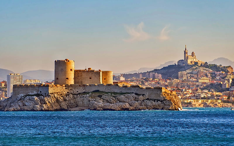 Chateau dIf, fortress, Marseille, evening, sunset, Marseille cityscape, Bay of Marseille, France, HD wallpaper