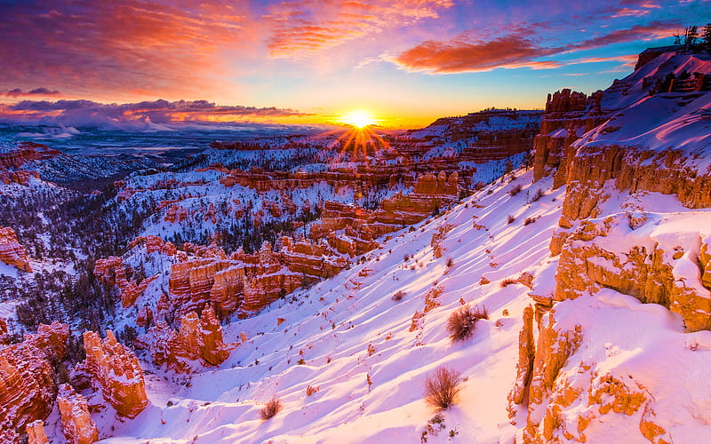 Bryce Canyon National Park, winter, snow, sunset, mountains, USA, America, Bryce Canyon, beautiful nature, Utah, HD wallpaper