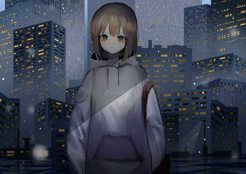 girl, sweatshirt, buildings, city, anime, HD wallpaper