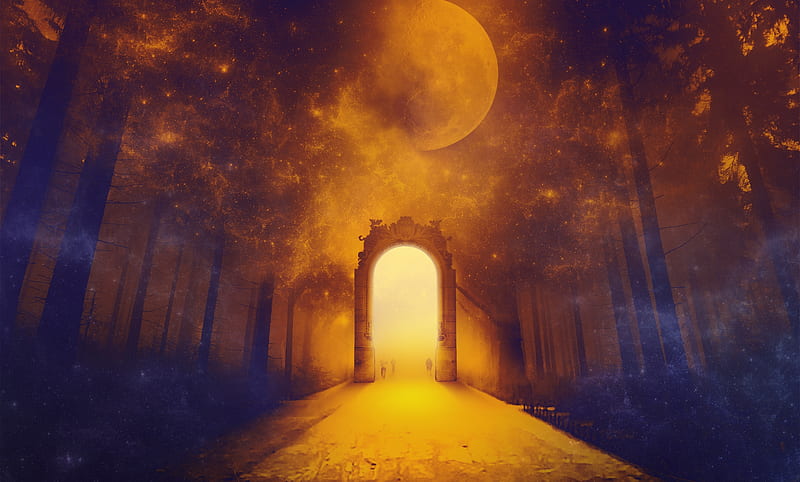 gateway, moon, orange, teleportation, trees, Fantasy, HD wallpaper